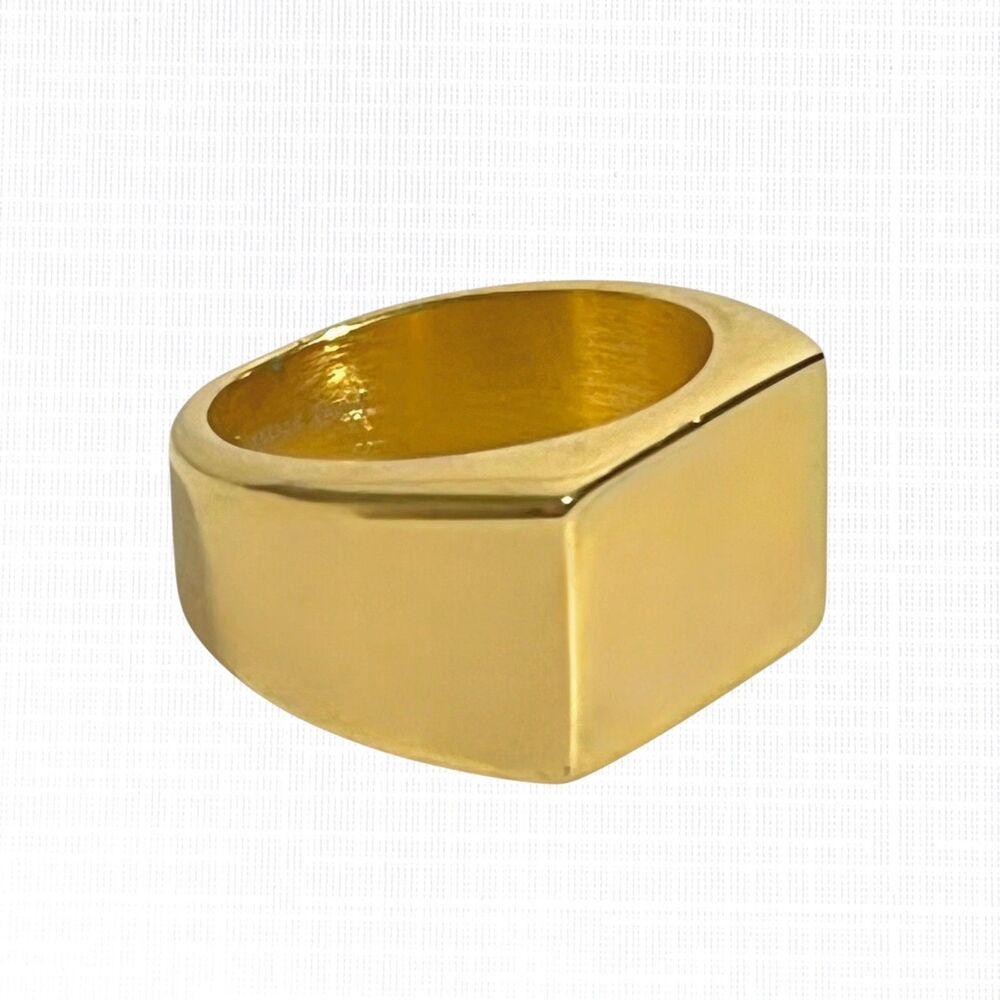 Rectangular Signet Ring Sz 7 Gold Tone Plated Stainless Steel Thick Mens Unisex